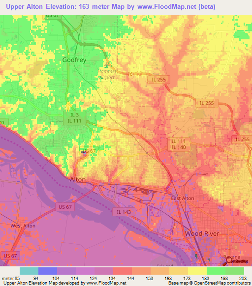 Upper Alton,US Elevation Map