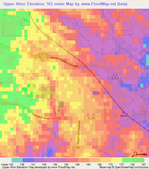 Upper Alton,US Elevation Map