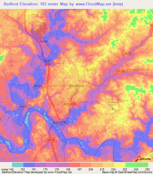 Bedford,US Elevation Map