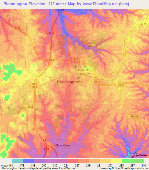 Bloomington,US Elevation Map