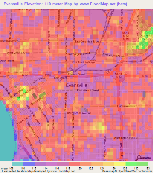 Evansville,US Elevation Map