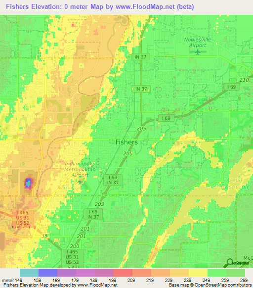 Fishers,US Elevation Map