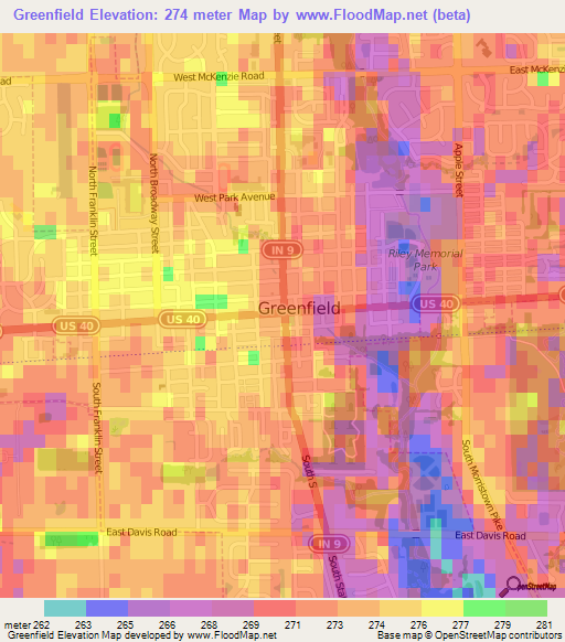 Greenfield,US Elevation Map