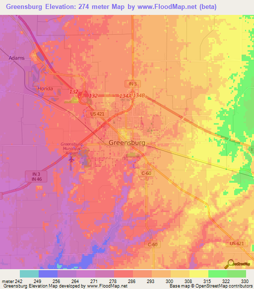 Greensburg,US Elevation Map