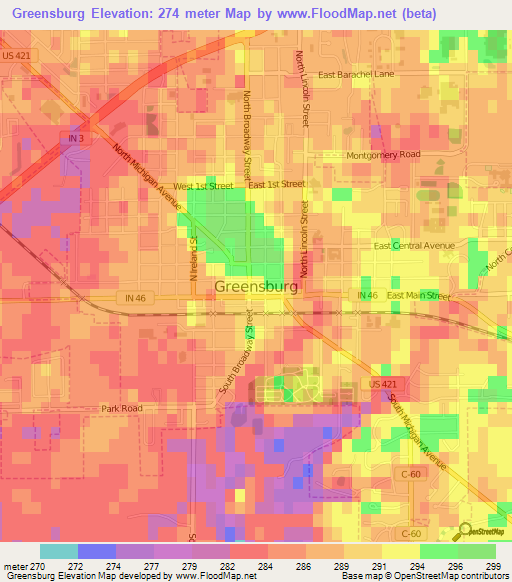 Greensburg,US Elevation Map