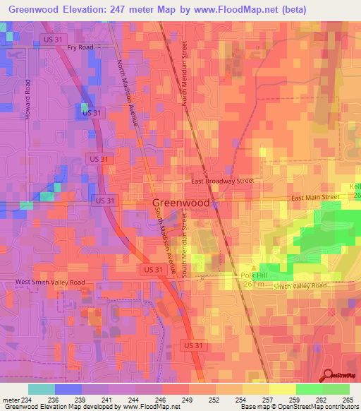 Greenwood,US Elevation Map