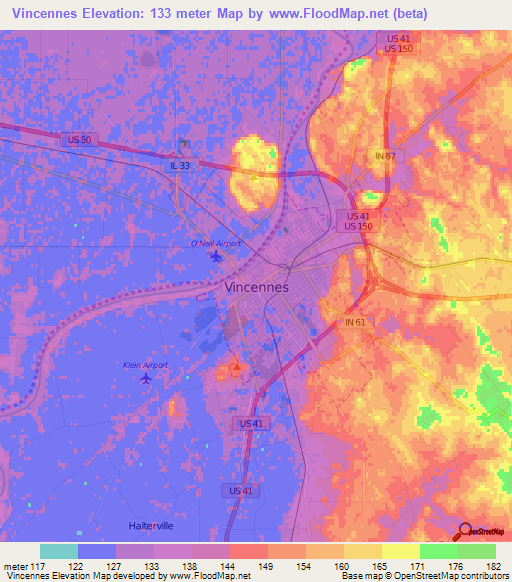 Vincennes,US Elevation Map