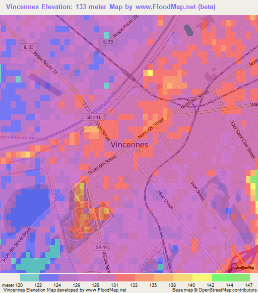 Vincennes,US Elevation Map