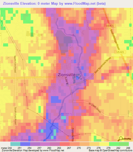 Zionsville,US Elevation Map