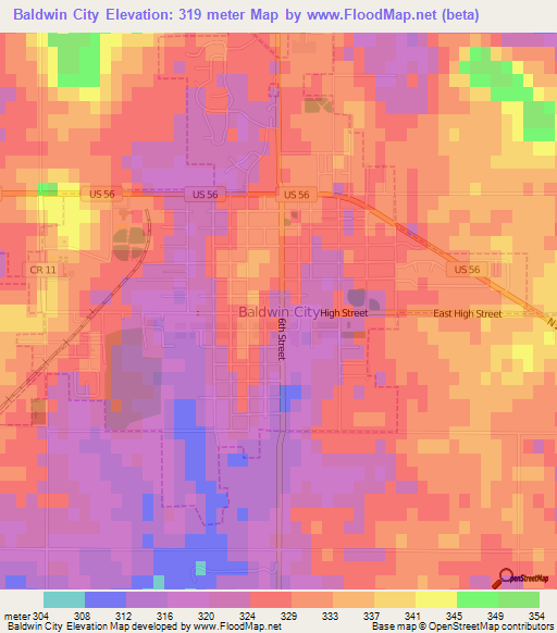 Baldwin City,US Elevation Map