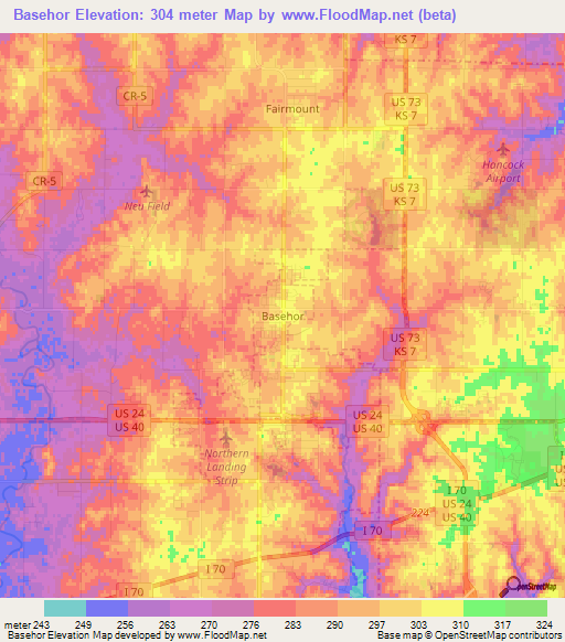 Basehor,US Elevation Map