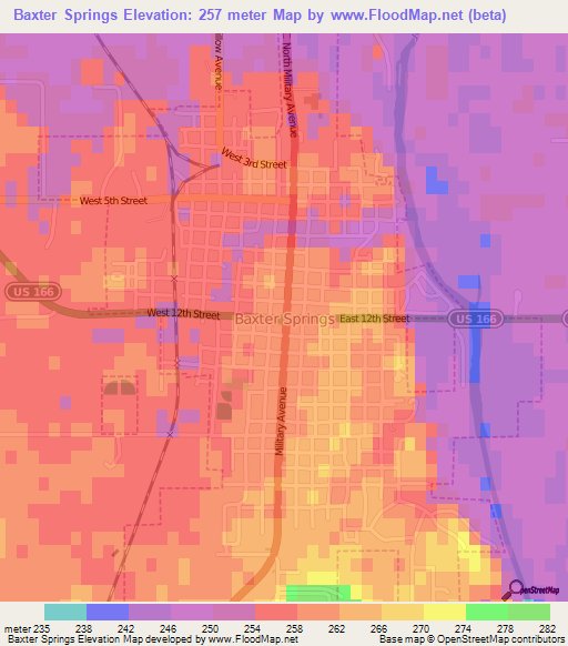 Baxter Springs,US Elevation Map