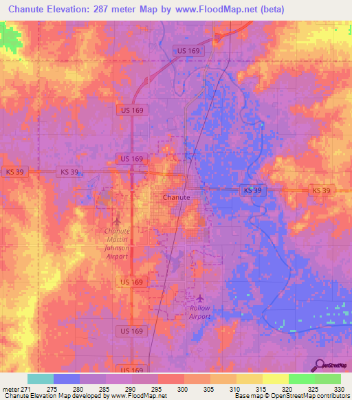 Chanute,US Elevation Map