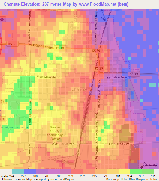 Chanute,US Elevation Map