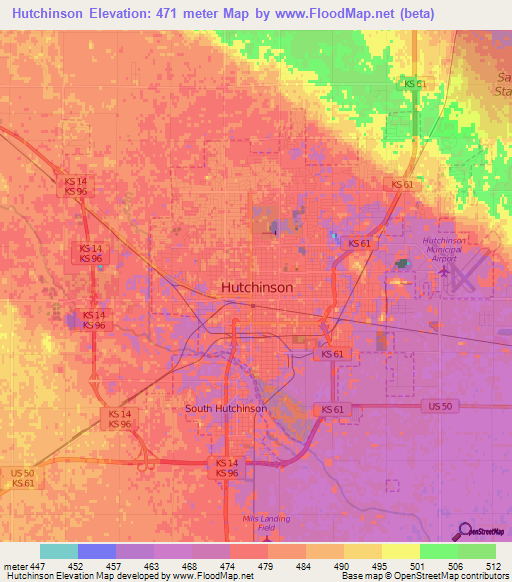 Hutchinson,US Elevation Map