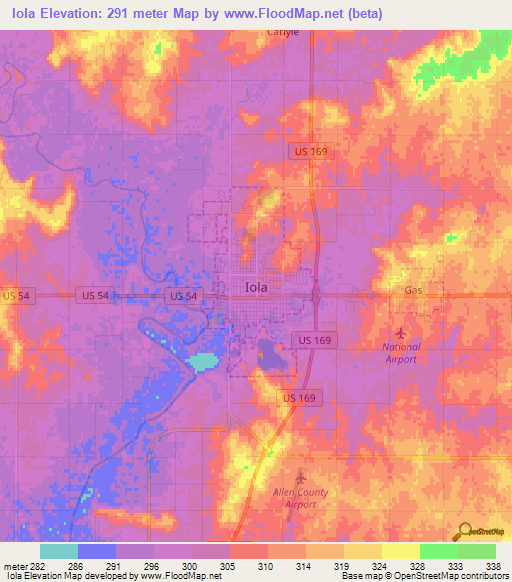 Iola,US Elevation Map