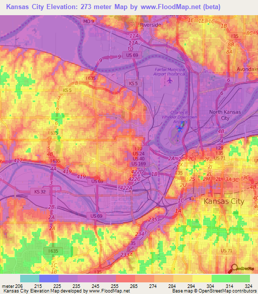 Kansas City,US Elevation Map