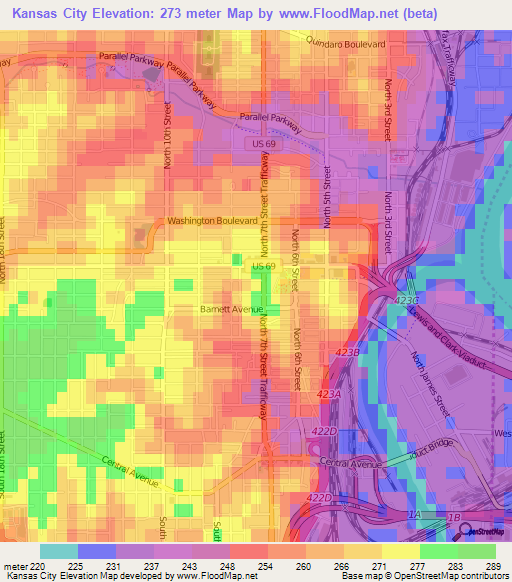 Kansas City,US Elevation Map