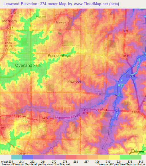 Leawood,US Elevation Map