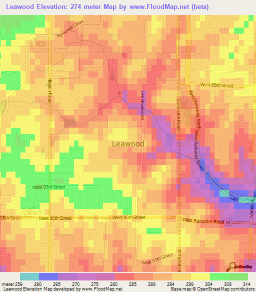 Leawood,US Elevation Map