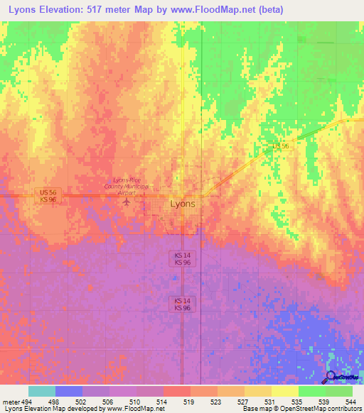 Lyons,US Elevation Map