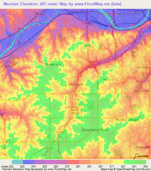 Merriam,US Elevation Map