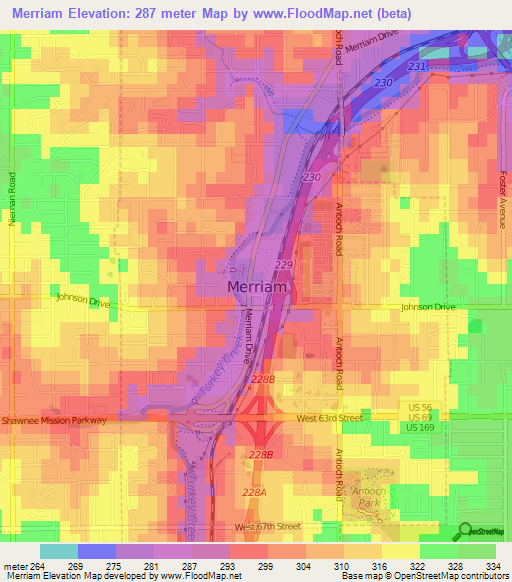 Merriam,US Elevation Map