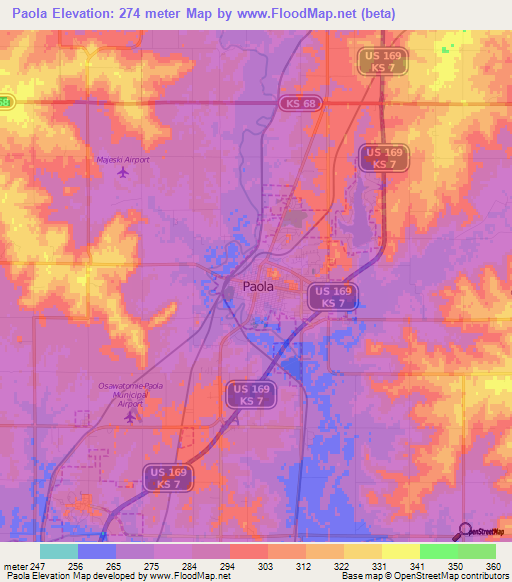 Paola,US Elevation Map