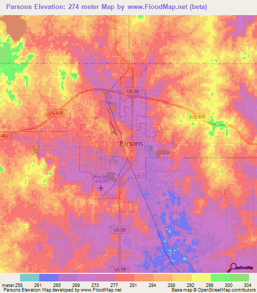Parsons,US Elevation Map