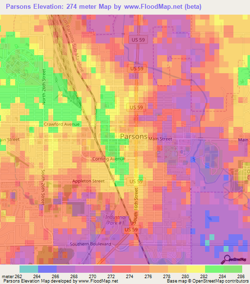 Parsons,US Elevation Map