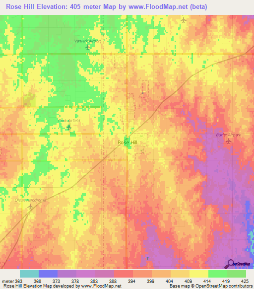 Rose Hill,US Elevation Map