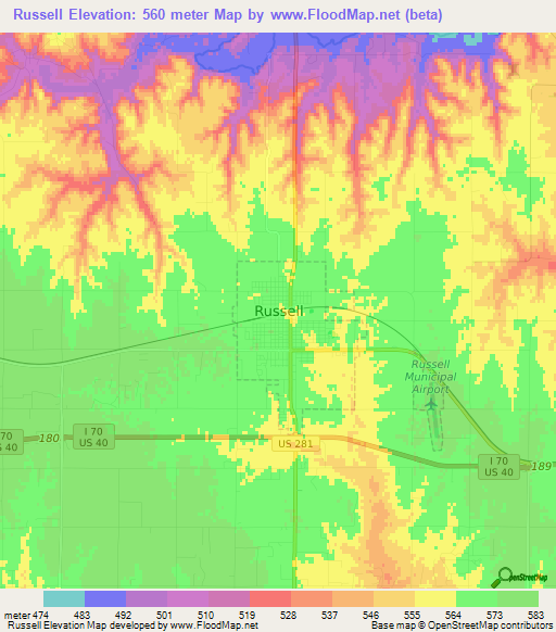 Russell,US Elevation Map