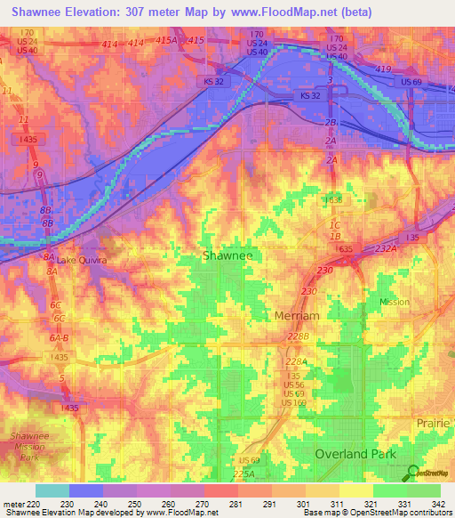 Shawnee,US Elevation Map