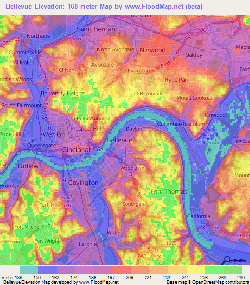 Bellevue,US Elevation Map