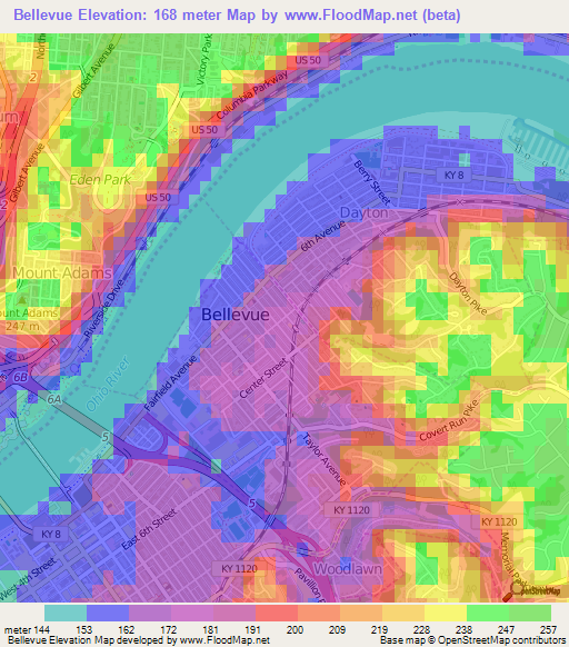 Bellevue,US Elevation Map