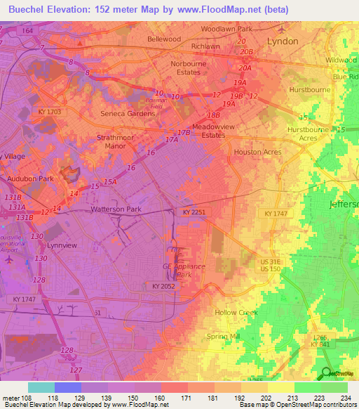 Buechel,US Elevation Map