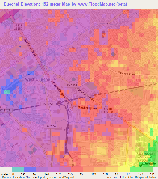 Buechel,US Elevation Map