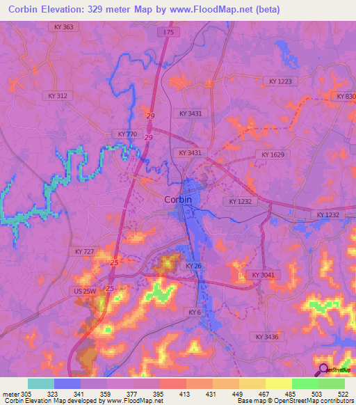 Corbin,US Elevation Map