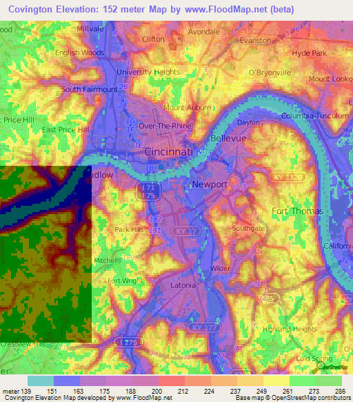 Covington,US Elevation Map