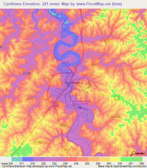 Cynthiana,US Elevation Map