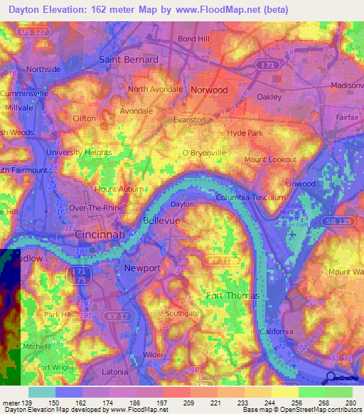 Dayton,US Elevation Map