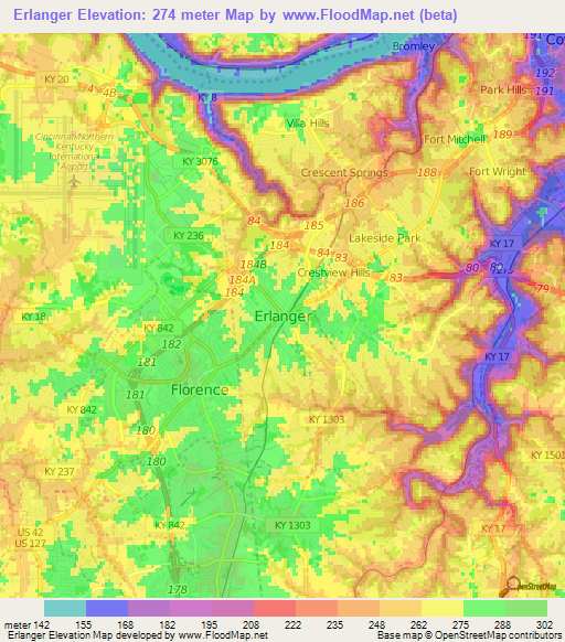 Erlanger,US Elevation Map