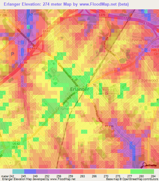 Erlanger,US Elevation Map