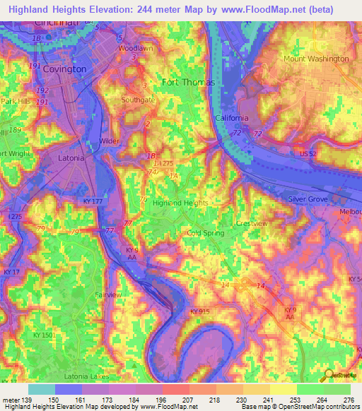 Highland Heights,US Elevation Map