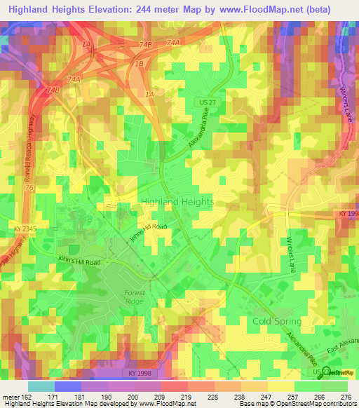 Highland Heights,US Elevation Map