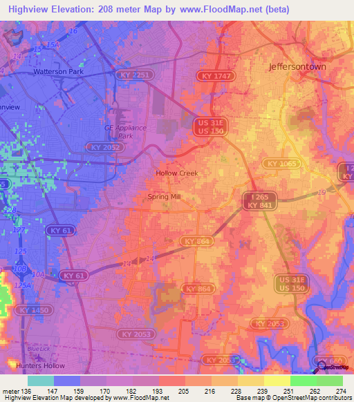 Highview,US Elevation Map