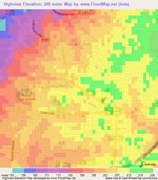 Highview,US Elevation Map