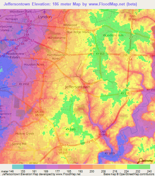 Jeffersontown,US Elevation Map