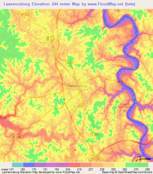 Lawrenceburg,US Elevation Map