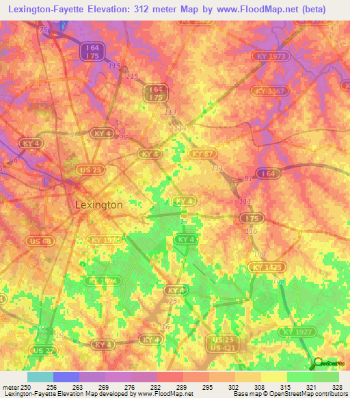 Lexington-Fayette,US Elevation Map